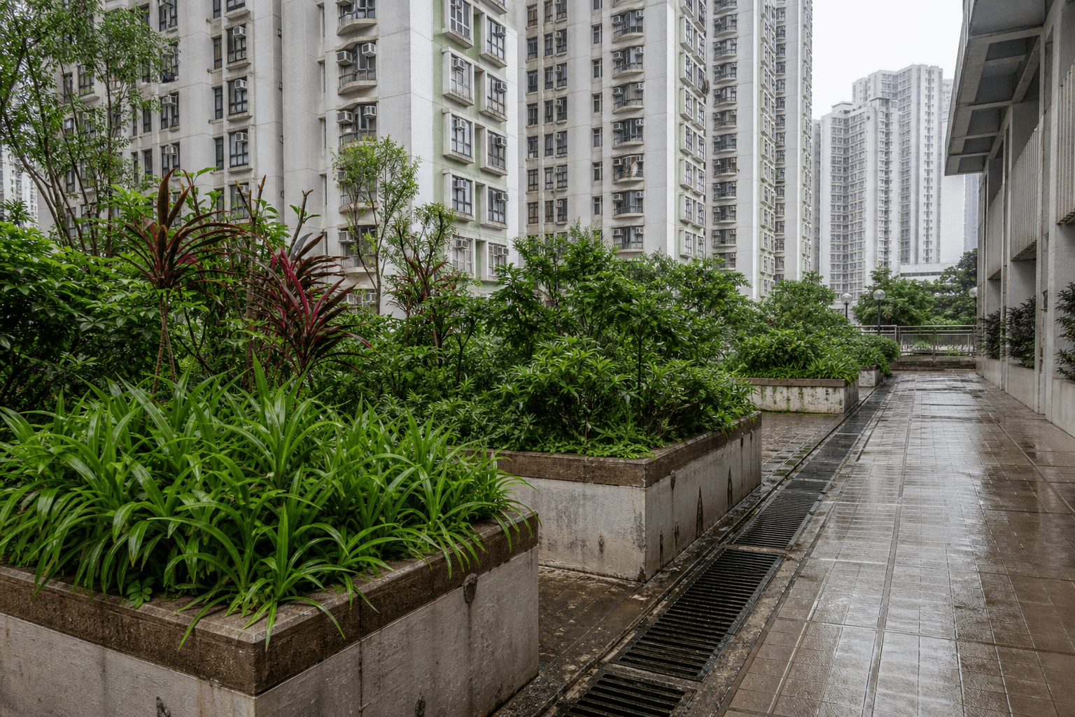 屋苑建築類型示意圖：住宅大樓之間的園景平台與通道