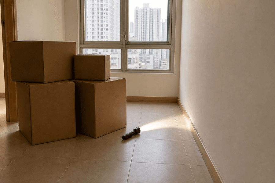 搬屋紙箱特寫：疊放喺新居空置房間入面