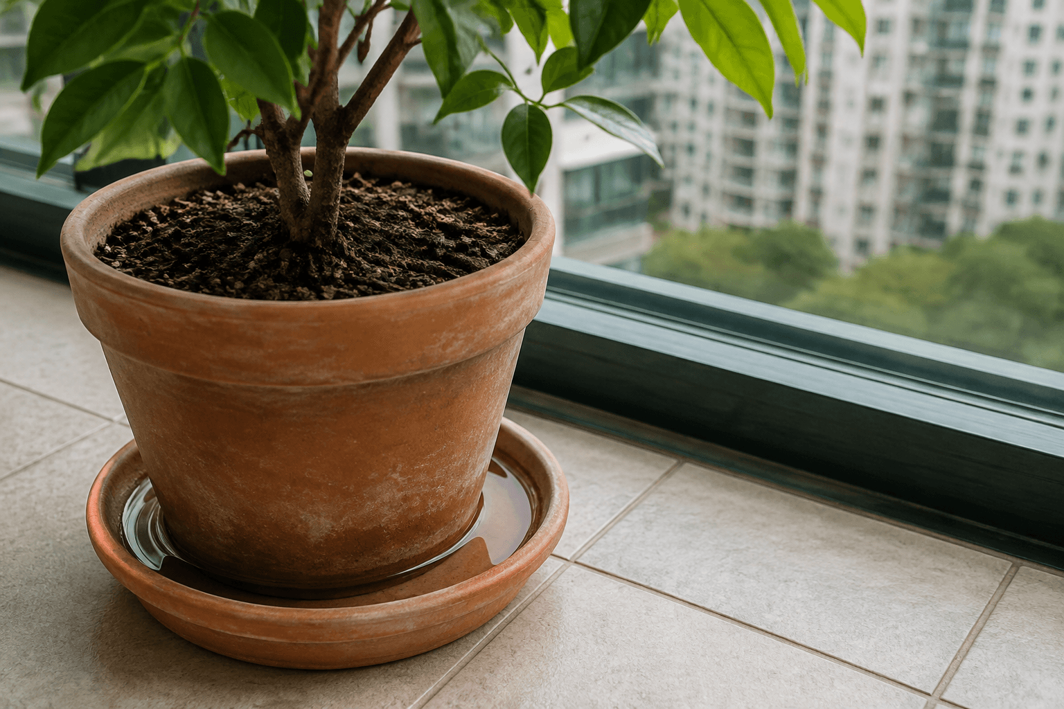 積水示意圖：窗邊花盆底盤內可見積水