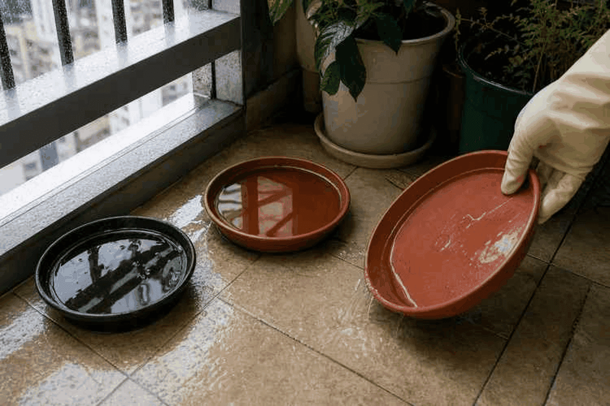 積水特寫：花盆底盤積聚嘅雨水