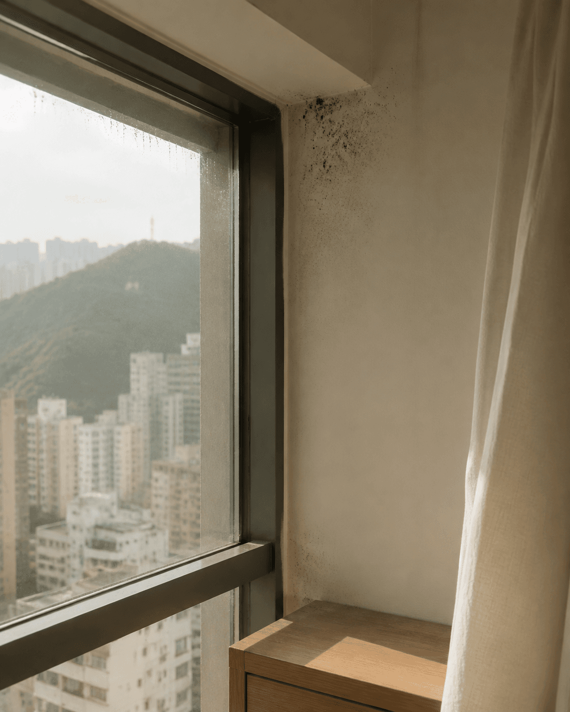潮濕家居情境示意圖：窗邊牆角霉斑，非客戶個案