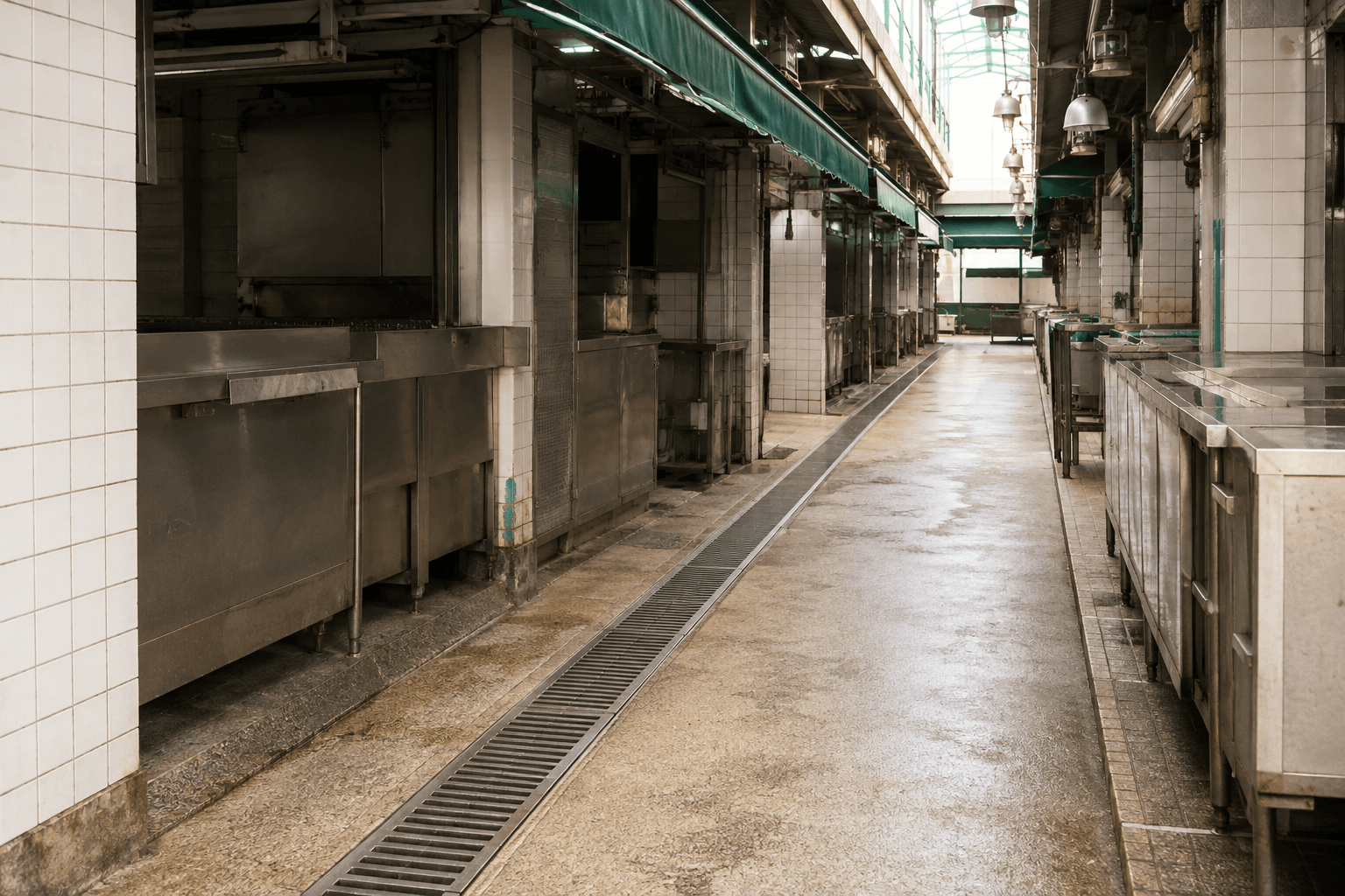 Illustration of market stalls, an aisle and a drainage channel under green awnings