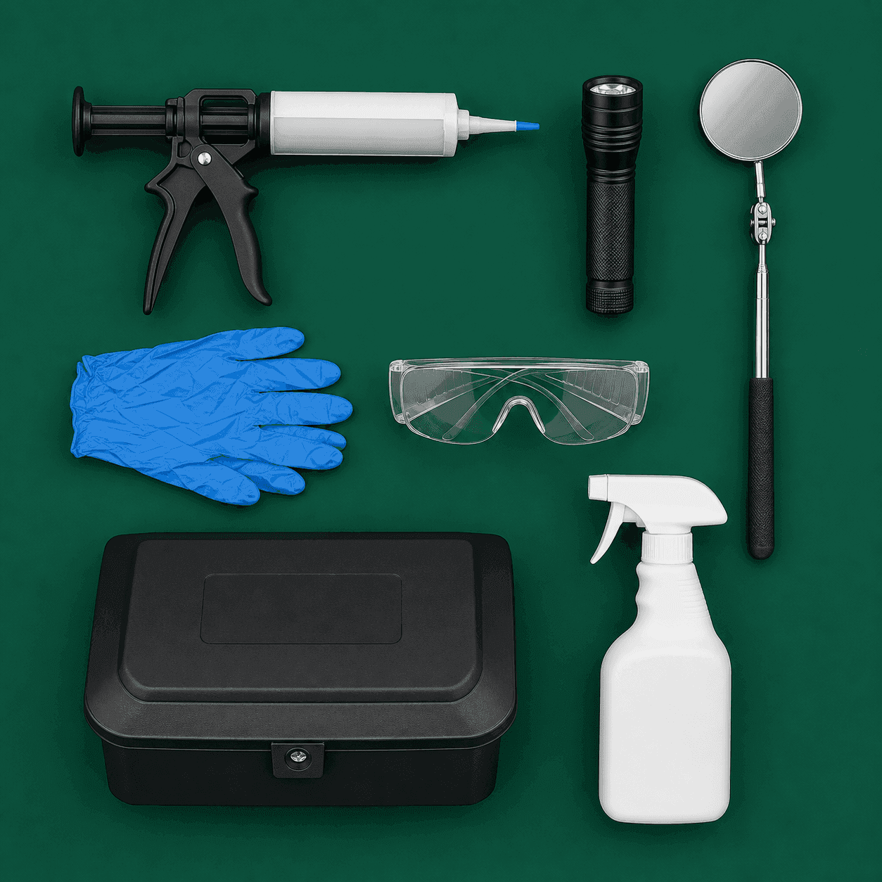 專業滅蟲工具:膠餌槍、電筒、檢查鏡、手套